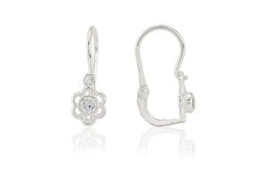 Ezüst gyermek fülbevaló előlkapcsos virág fehér kővel ródium bevonattal - Ezüst gyerek fülbevaló