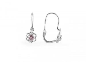Ezüst gyermek fülbevaló előlkapcsos virág rózsaszín kővel ródium bevonattal - Ezüst gyerek fülbevaló