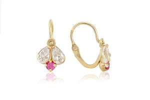 Arany gyermek fülbevaló elölkapcsos méhecske fehér és pink kővel  - Arany gyerek fülbevaló