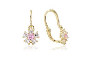 Arany baba és gyermek fülbevaló elölkapcsos virág rózsaszín és fehér kövekkel - Arany gyerek fülbevaló