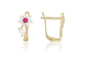 Arany gyermek fülbevaló franciazáras leveles virág pink és fehér kövekkel - Arany gyerek fülbevaló