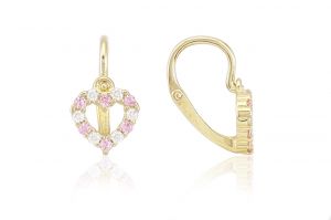 Arany baba fülbevaló elölkapcsos áttört szívecske rózsaszín és fehér kövekkel - 