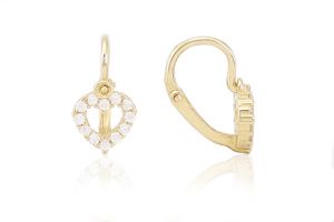 Arany baba fülbevaló elölkapcsos áttört szívecske fehér kövekkel - Arany baba fülbevalók