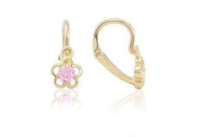 Arany baba fülbevaló elölkapcsos áttört virág rózsaszín kővel - Arany baba fülbevalók