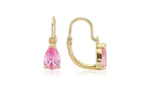 Arany baba és gyermek fülbevaló elölkapcsos rózsaszín csepp alakú kővel - Arany gyerek fülbevaló