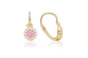 Arany baba fülbevaló elölkapcsos klasszikus stílusú rózsaszín és fehér kővel - Arany baba fülbevalók