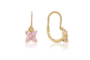 Arany baba fülbevaló elölkapcsos négyszirmú virág rózsaszín köves - Arany gyerek fülbevaló