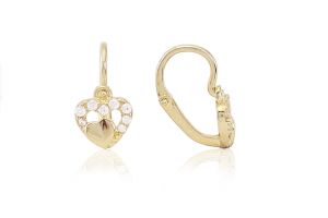 Arany baba fülbevaló elölkapcsos szívben szív fehér kövekkel - 