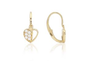 Arany baba és gyermek fülbevaló elölkapcsos félig áttört szív apró fehér kövekkel - Arany baba fülbevalók