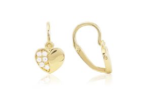 Arany baba fülbevaló elölkapcsos félig köves szív fehér kövekkel - Arany baba fülbevalók
