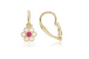 Arany baba fülbevaló elölkapcsos virág pink és fehér kövekkel - Arany baba fülbevalók