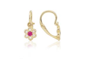 Arany baba fülbevaló elölkapcsos pici virág pink és fehér kővel - Arany baba fülbevalók