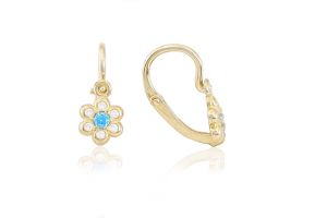 Arany baba fülbevaló elölkapcsos pici virág világoskék és fehér kővel - Arany baba fülbevalók