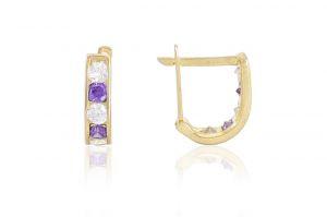 Arany baba fülbevaló franciakapcsos lila és fehér kővel 8mm belső méret - Arany baba fülbevalók