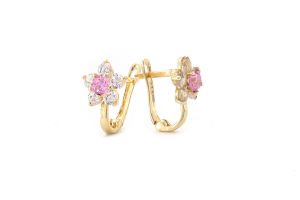 Arany baba fülbevaló franciazáras virág rózsaszín kővel - Arany baba fülbevalók