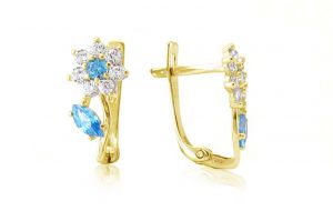 Arany baba fülbevaló franciakapcsos virág világoskék és fehér kövekkel - Arany baba fülbevalók