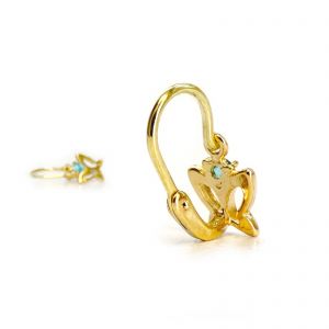 Arany baba fülbevaló kék kővel - áttört pillangó forma, 14K előlkapcsos zár - 