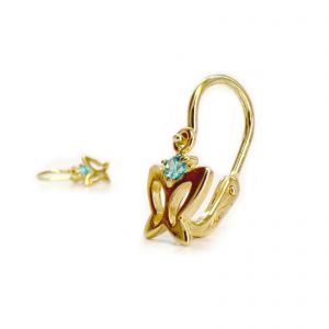 Arany baba fülbevaló kék kővel - áttört pillangó forma, 14K előlkapcsos zár - Arany gyerek fülbevaló