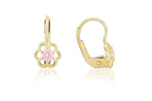 Arany baba fülbevaló patentzáras áttört virág rózsaszín kővel - Arany baba fülbevalók