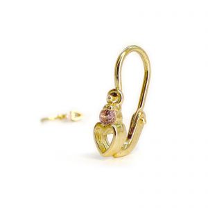 Arany baba fülbevaló rózsaszín kővel - alul áttört szív forma, 14K előlkapcsos zár - 