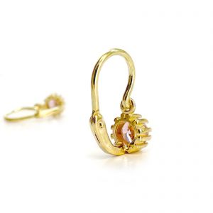 Arany baba fülbevaló rózsaszín kővel - 14K előlkapcsos klasszikus fazon - 