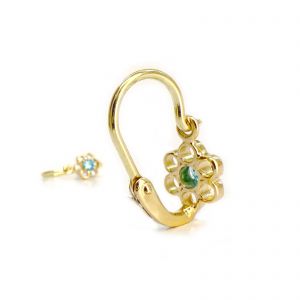 Arany baba fülbevaló áttört virág formával és világoskék kővel - 14K előlkapcsos zár - 