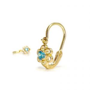 Arany baba fülbevaló áttört virág formával és világoskék kővel - 14K előlkapcsos zár - Arany baba fülbevalók