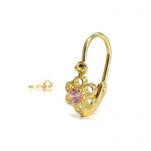 Arany baba fülbevaló áttört virág mintával és rózsaszín kővel - 14K előlkapcsos zár - Arany gyerek fülbevaló