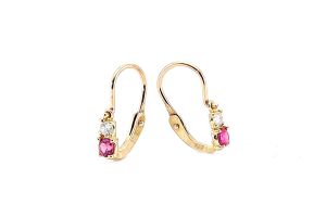 Arany baba fülbevaló elölkapcsos kétköves szoliter pink és fehér kővel - Arany baba fülbevalók