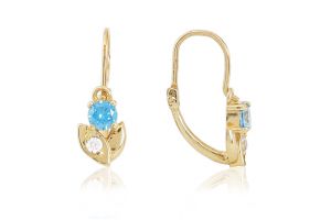 Arany fülbevaló elölkapcsos virág világoskék és fehér kövekkel - Arany baba fülbevalók