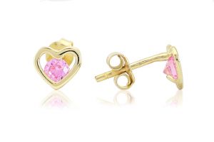 Arany fülbevaló stekkeres áttört szív nagy rózsaszín kővel - Arany gyerek fülbevaló
