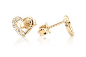 Arany fülbevaló stekkeres keret szív félig fehér kövekkel - Arany baba fülbevalók