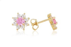 Arany fülbevaló stekkeres nagy virág rózsaszín kővel - Arany gyerek fülbevaló