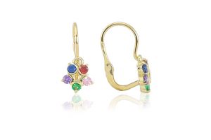 Arany gyermek fülbevaló elölkapcsos csillagvirág színes kövekkel - Arany gyerek fülbevaló
