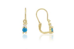 Arany gyermek fülbevaló elölkapcsos szoliter kék és fehér kővel - Arany baba fülbevalók