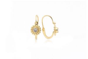 Arany gyermek fülbevaló elölkapcsos klasszikus virág fehér kővel - Arany baba fülbevalók