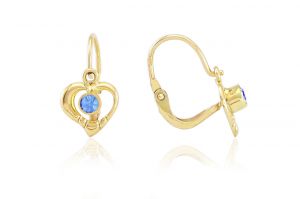 Arany gyermek fülbevaló elölkapcsos asszimmetrikus szívecske kék kővel - Arany baba fülbevalók