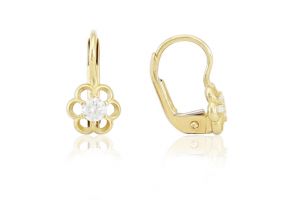 Arany baba fülbevaló patentzáras áttört virág fehér kővel - Arany baba fülbevalók