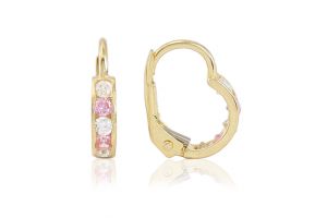 Arany gyermek fülbevaló patentzáras karika rózsaszín és fehér kövekkel - Arany gyerek fülbevaló