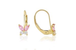 Arany gyermek fülbevaló patentzáras pillangó rózsaszín és fehér kövekkel - Arany baba fülbevalók