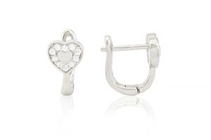 Ezüst baba és gyermek fülbevaló franciakapcsos fehér köves szívben szív ródiumbevonatos - Ezüst gyerek fülbevaló