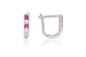 Ezüst baba és gyermek fülbevaló franciakapcsos szögletes pink és fehér kövekkel - Ezüst baba fülbevalók