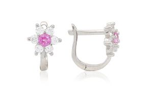 Ezüst baba és gyermek fülbevaló franciakapcsos 6szirmú virág sötét rózsaszín és fehér kövekkel - Arany baba fülbevalók