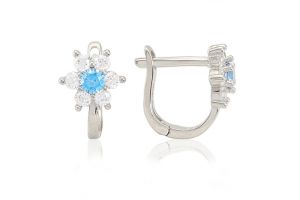 Ezüst baba és gyermek fülbevaló franciakapcsos 6szirmú virág világoskék és fehér kövekkel - 