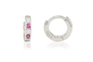 Ezüst baba fülbevaló bepattintós keskeny karika pink-fehér 6mm - Ezüst baba fülbevalók