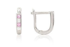 Ezüst baba és gyermek fülbevaló franciakapcsos szögletes rózsaszín és fehér kövekkel - Ezüst baba fülbevalók