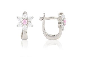 Ezüst baba fülbevaló franciakapcsos virág rózsaszín és fehér kővel - Ezüst baba fülbevalók