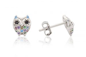 Ezüst fülbevaló bedugós bagoly színes köves díszítéssel ródiumbevonatos - Ezüst gyerek fülbevaló