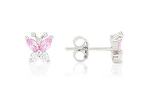 Ezüst gyermek fülbevaló bedugós ródiumbevonatos pillangó fehér és rózsaszín kövekkel  - Ezüst gyerek fülbevaló