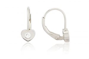 Ezüst gyermek fülbevaló patentzáras szívecske egy fehér köves ródiumbevonatos - Ezüst gyerek fülbevaló
